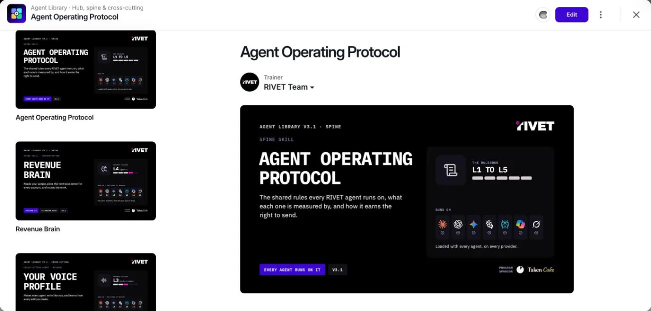 Agent Operating Protocol lesson page in the RIVET Labs space